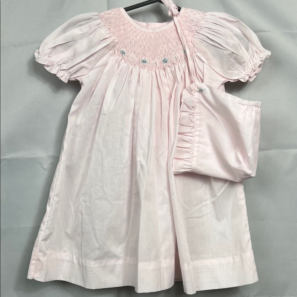 Petit Ami Pink Hand Embroidered Smocked dress with bonnet NWT 3 months